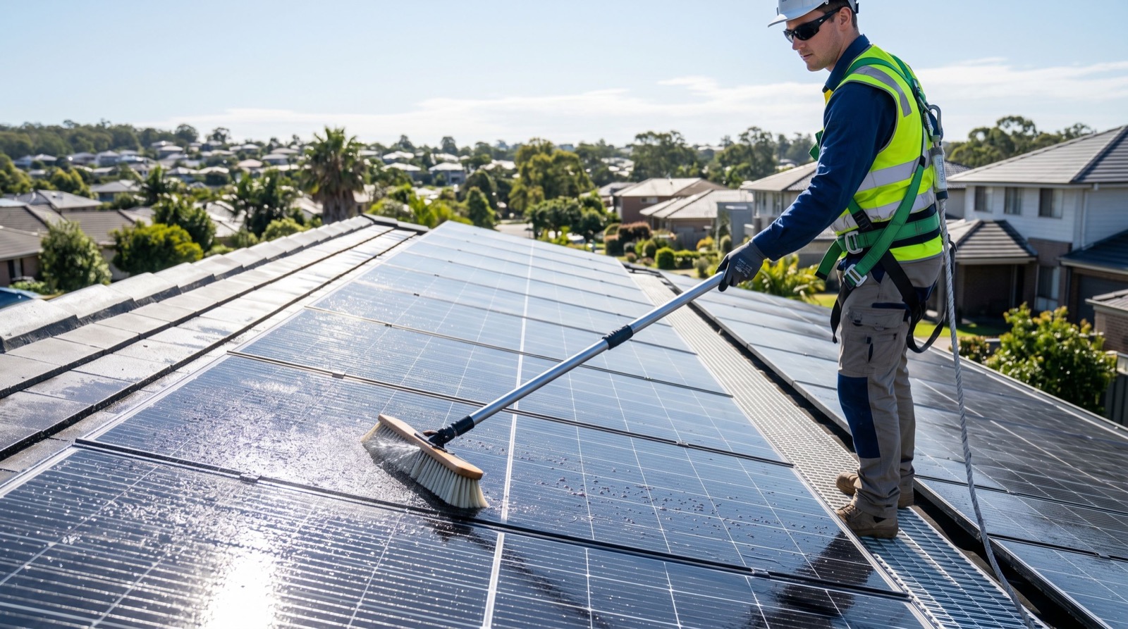 Worker cleaning solar panels with a brush